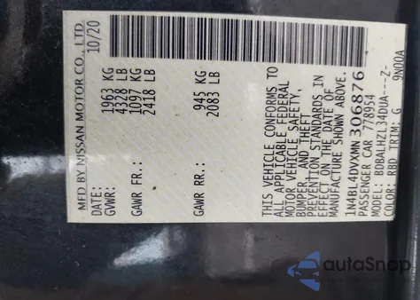 2021 Nissan Altima Sv из США, поврежденный, VIN 1N4BL4DVXMN306876